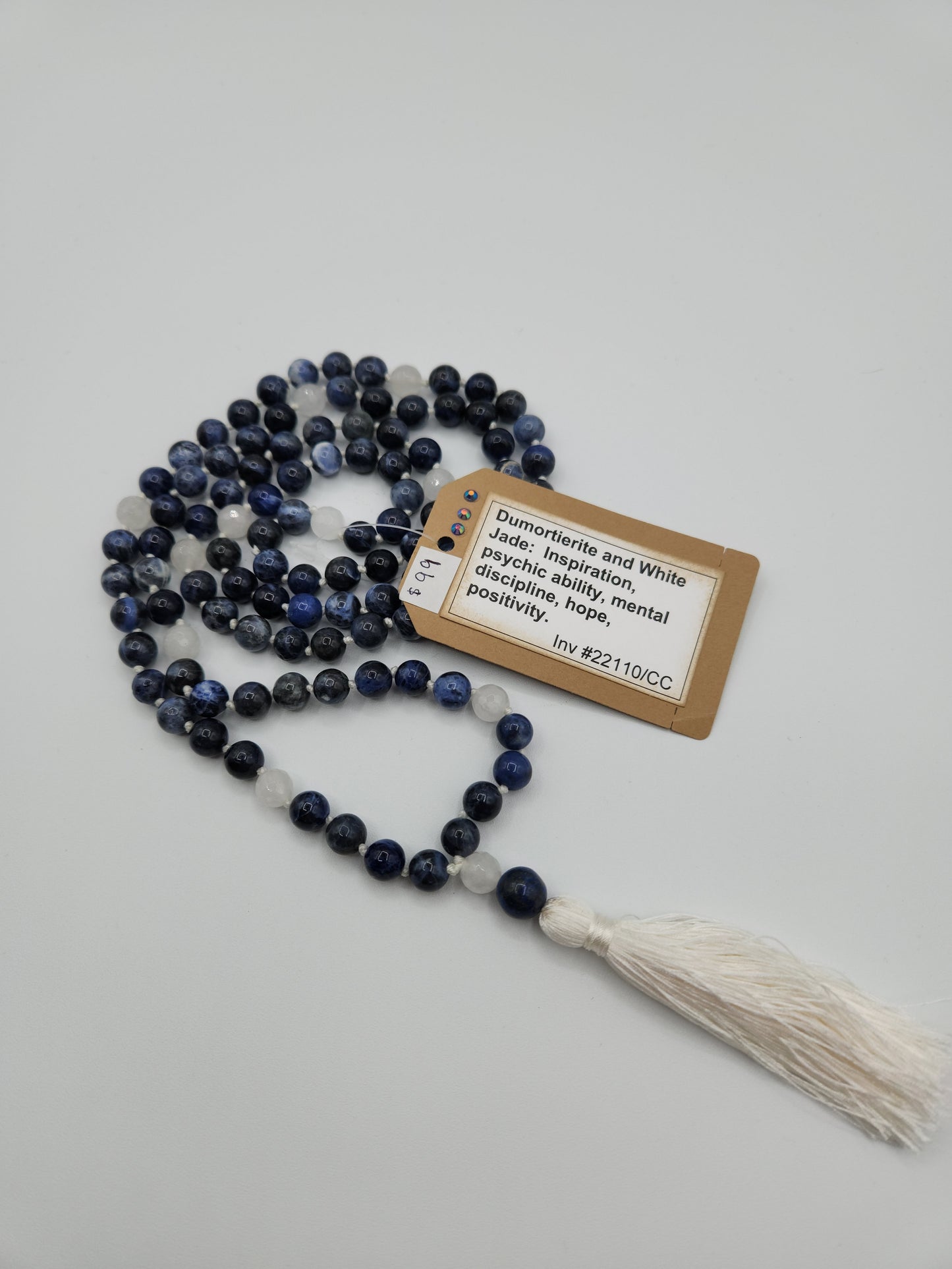 Mala Necklace Dumortierite and White Jade (faceted) 8mm