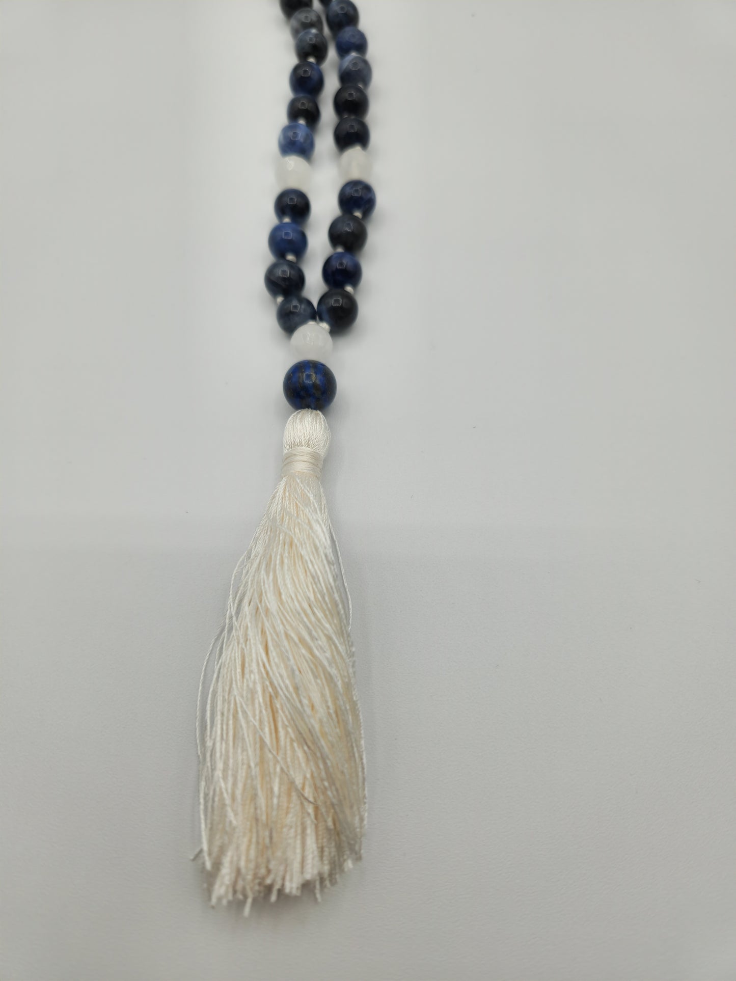 Mala Necklace Dumortierite and White Jade (faceted) 8mm