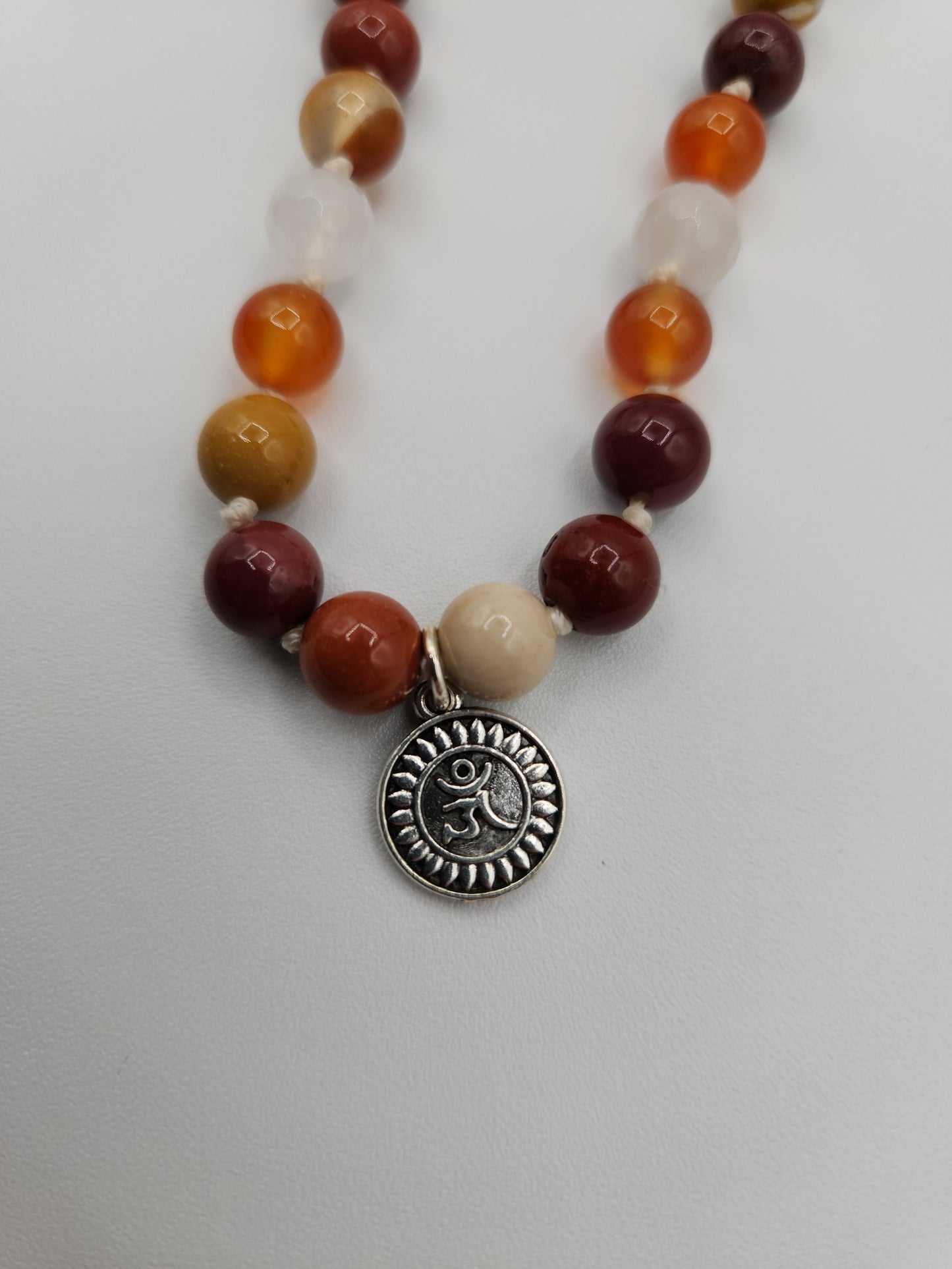 Mala Necklace Mookaite, Carnelian, and White Jade 8mm