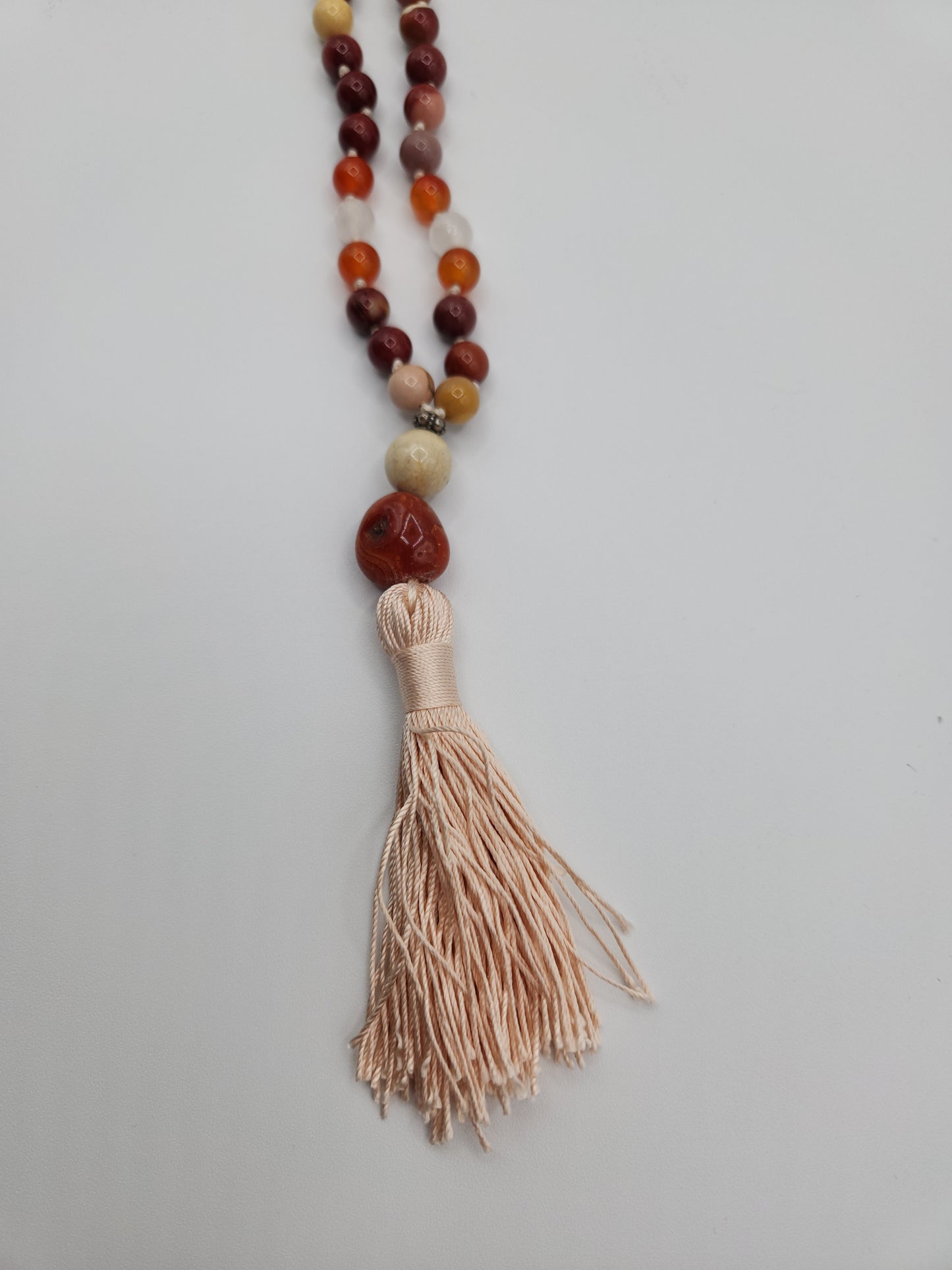 Mala Necklace Mookaite, Carnelian, and White Jade 8mm