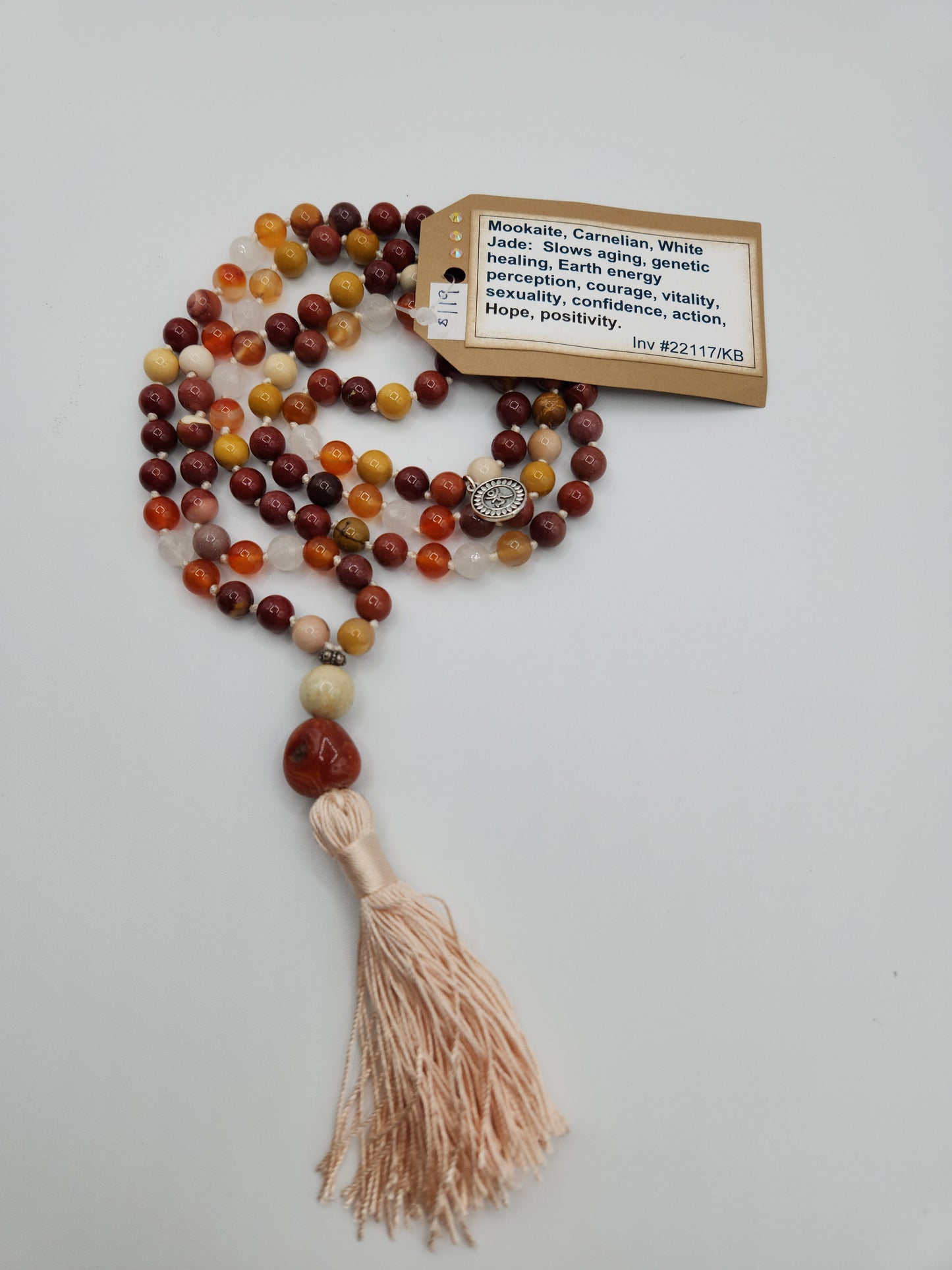 Mala Necklace Mookaite, Carnelian, and White Jade 8mm