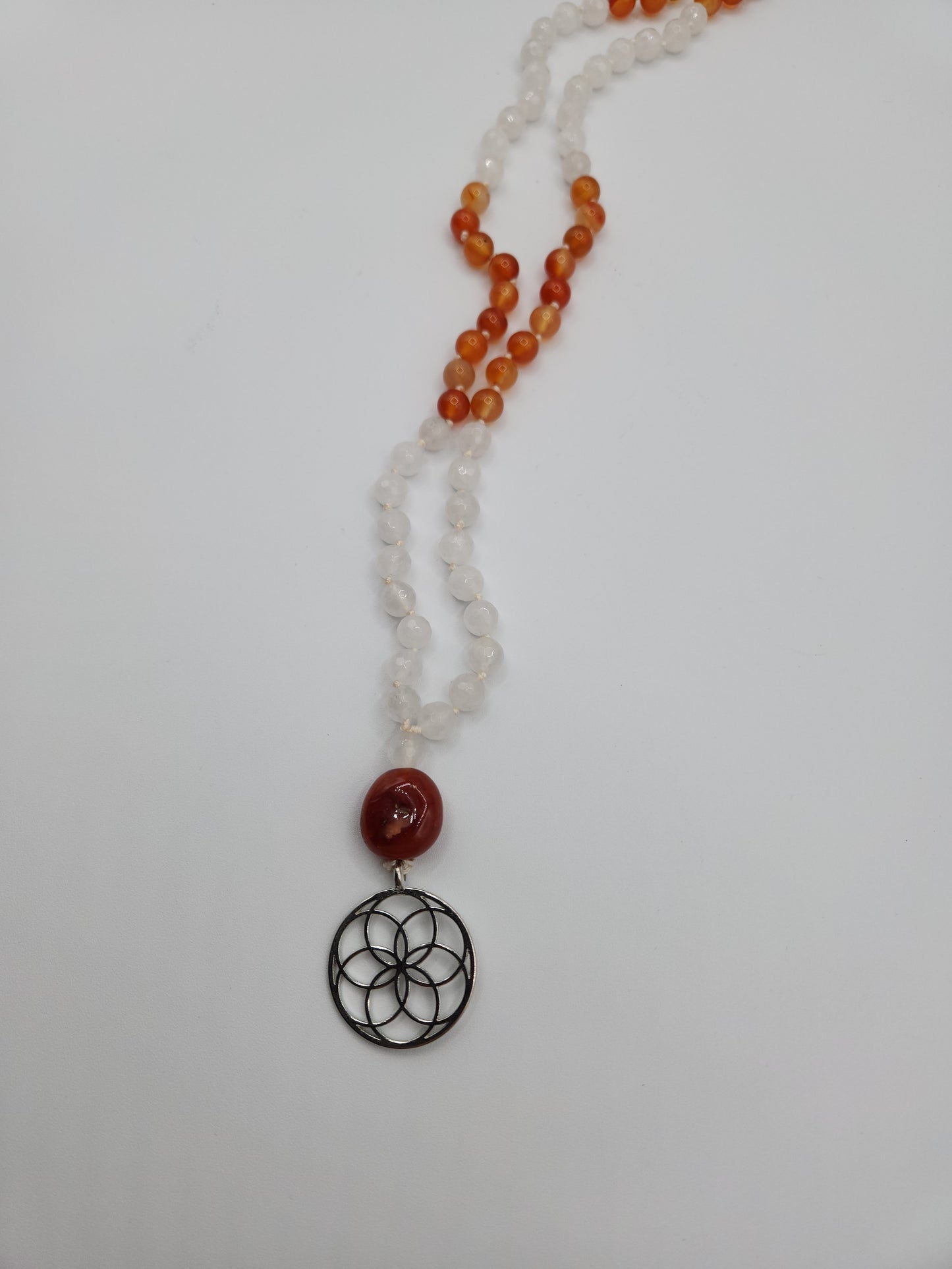 Mala Necklace Carnelian and White Jade 8mm