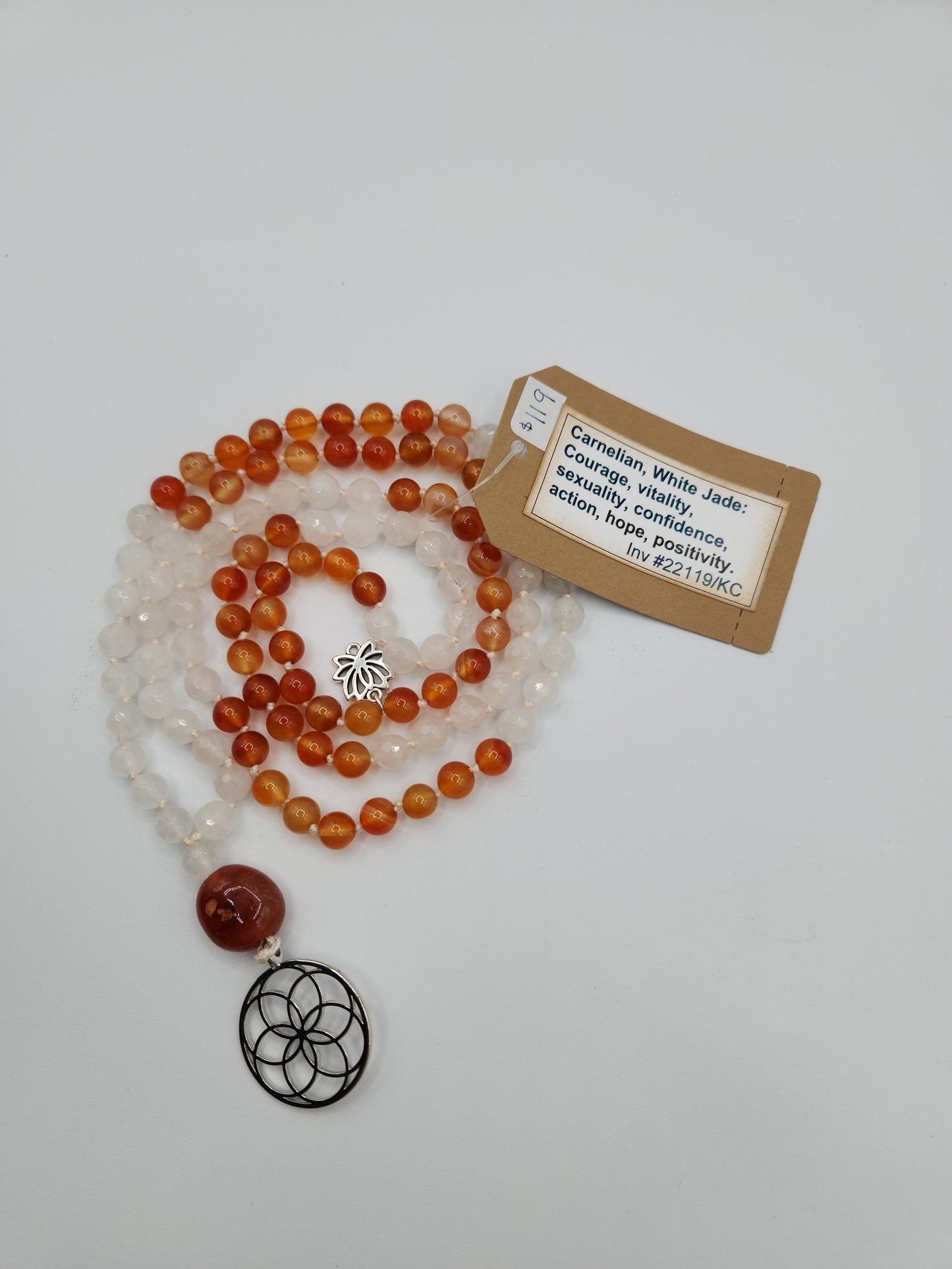 Mala Necklace Carnelian and White Jade 8mm