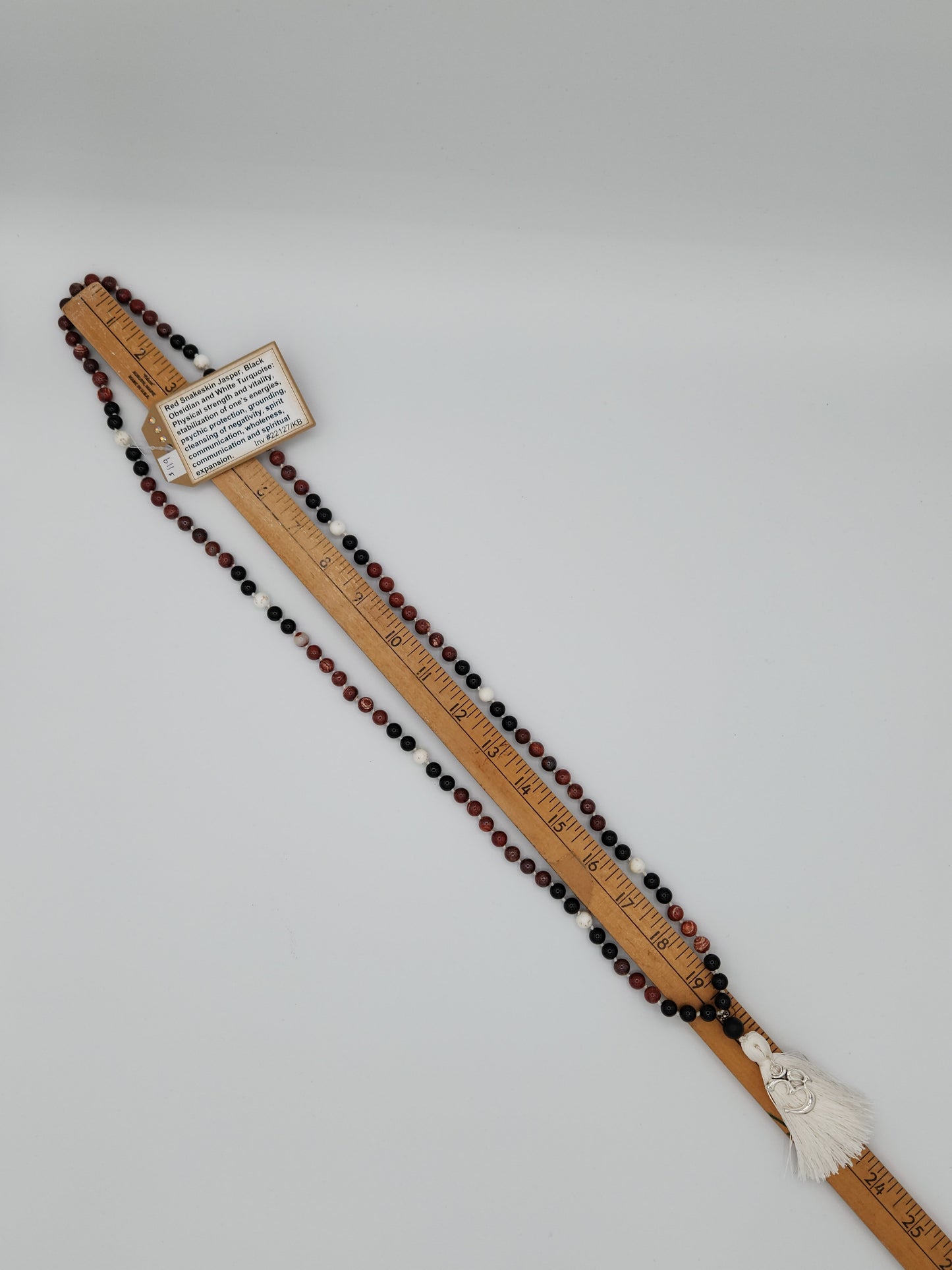 Mala Necklace Red Snakeskin Jasper, Black Obsidian, White Turquoise 8mm
