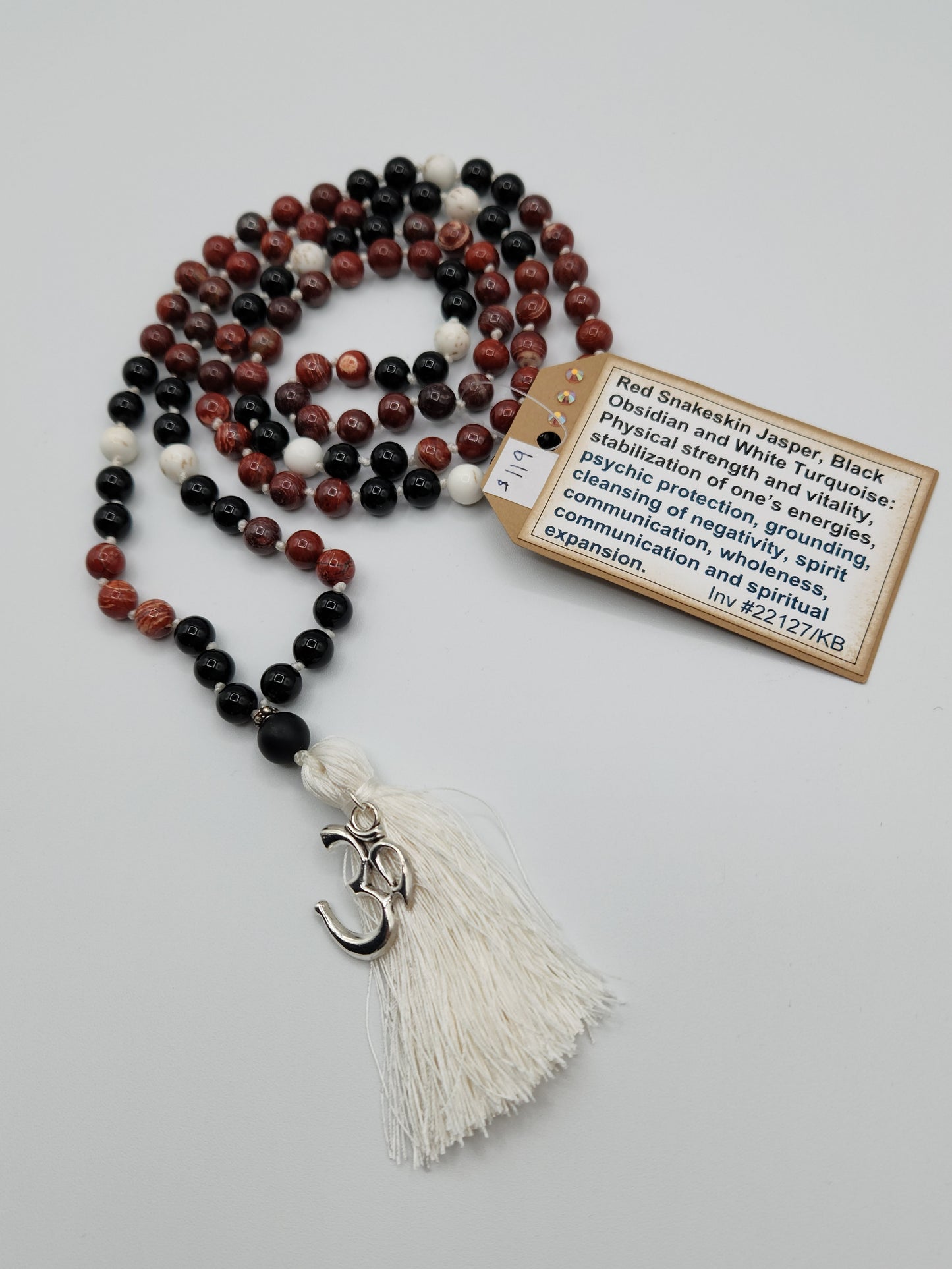 Mala Necklace Red Snakeskin Jasper, Black Obsidian, White Turquoise 8mm