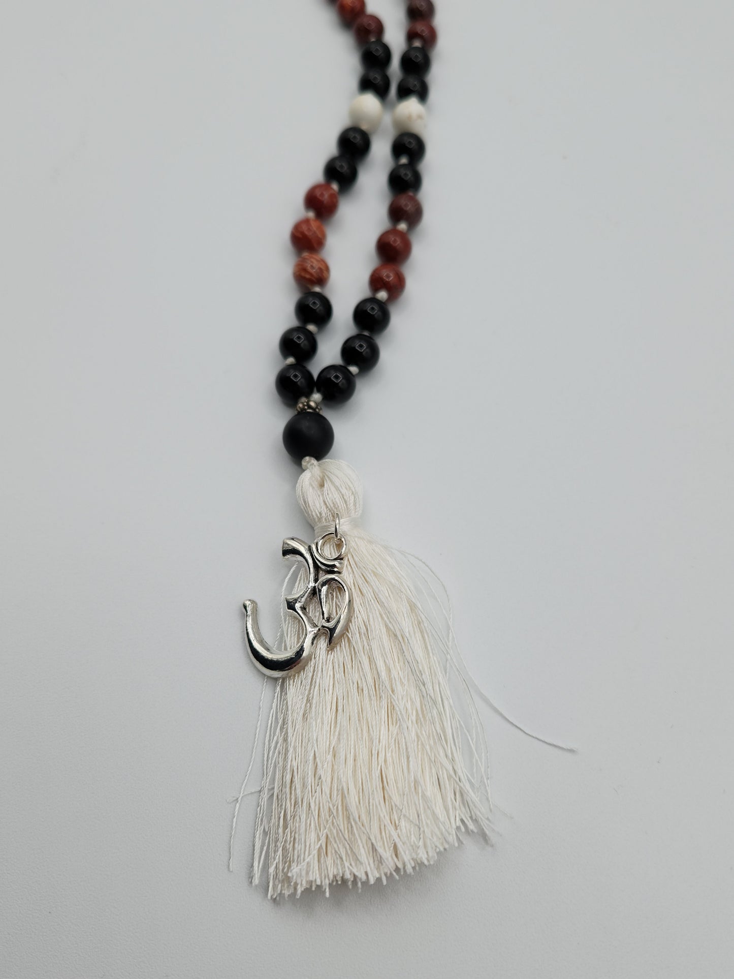 Mala Necklace Red Snakeskin Jasper, Black Obsidian, White Turquoise 8mm