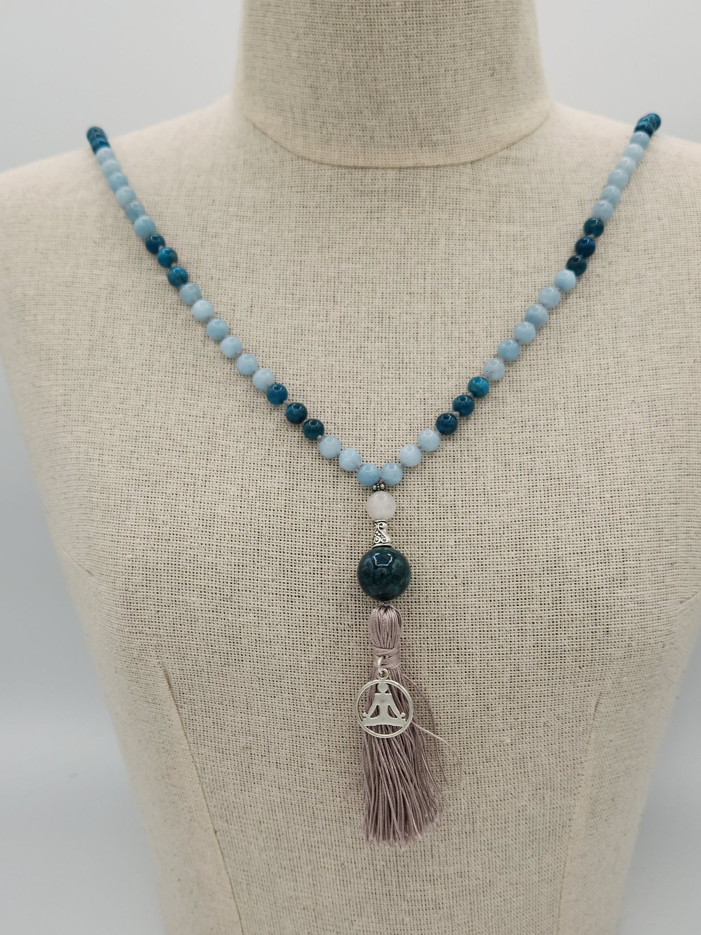 Mala Necklace Blue Jade and Apatite 8mm