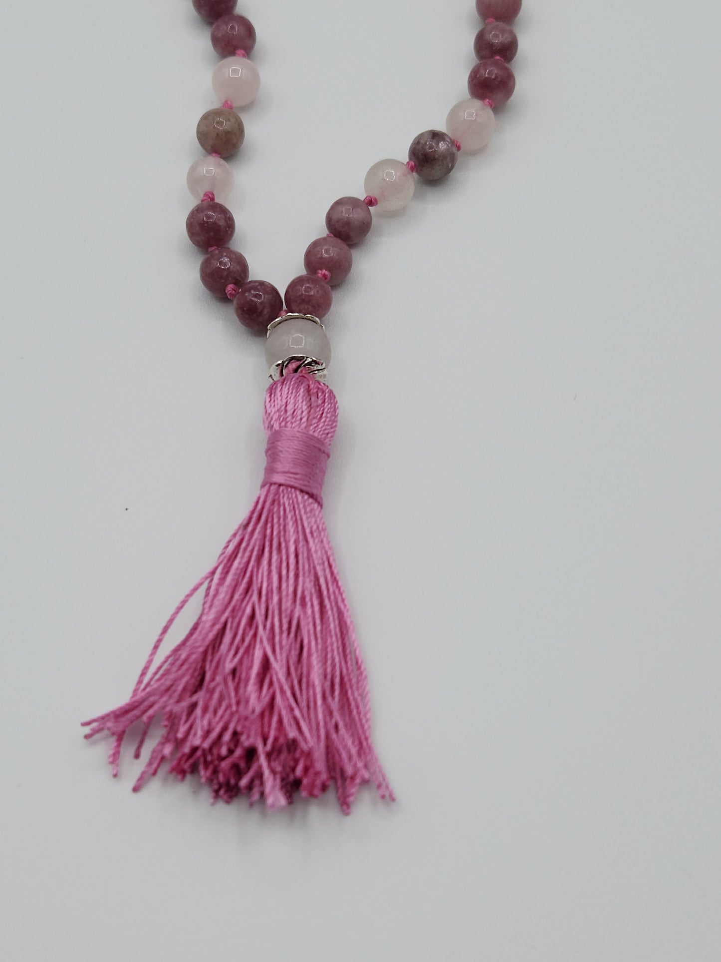Mala Necklace Medium and Dark Lepidolite and Rose Quartz 8mm