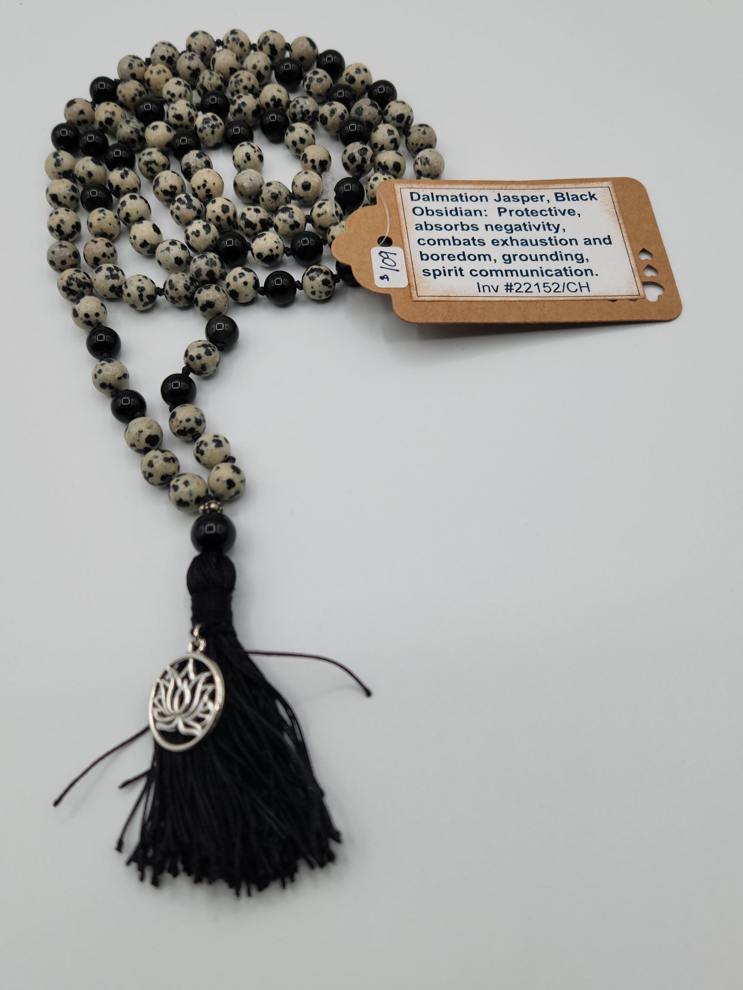 Mala Necklace Dalmation Jasper and Black Obsidian 8mm
