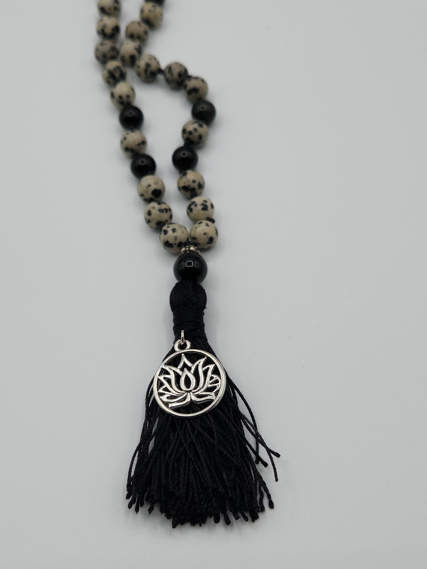 Mala Necklace Dalmation Jasper and Black Obsidian 8mm