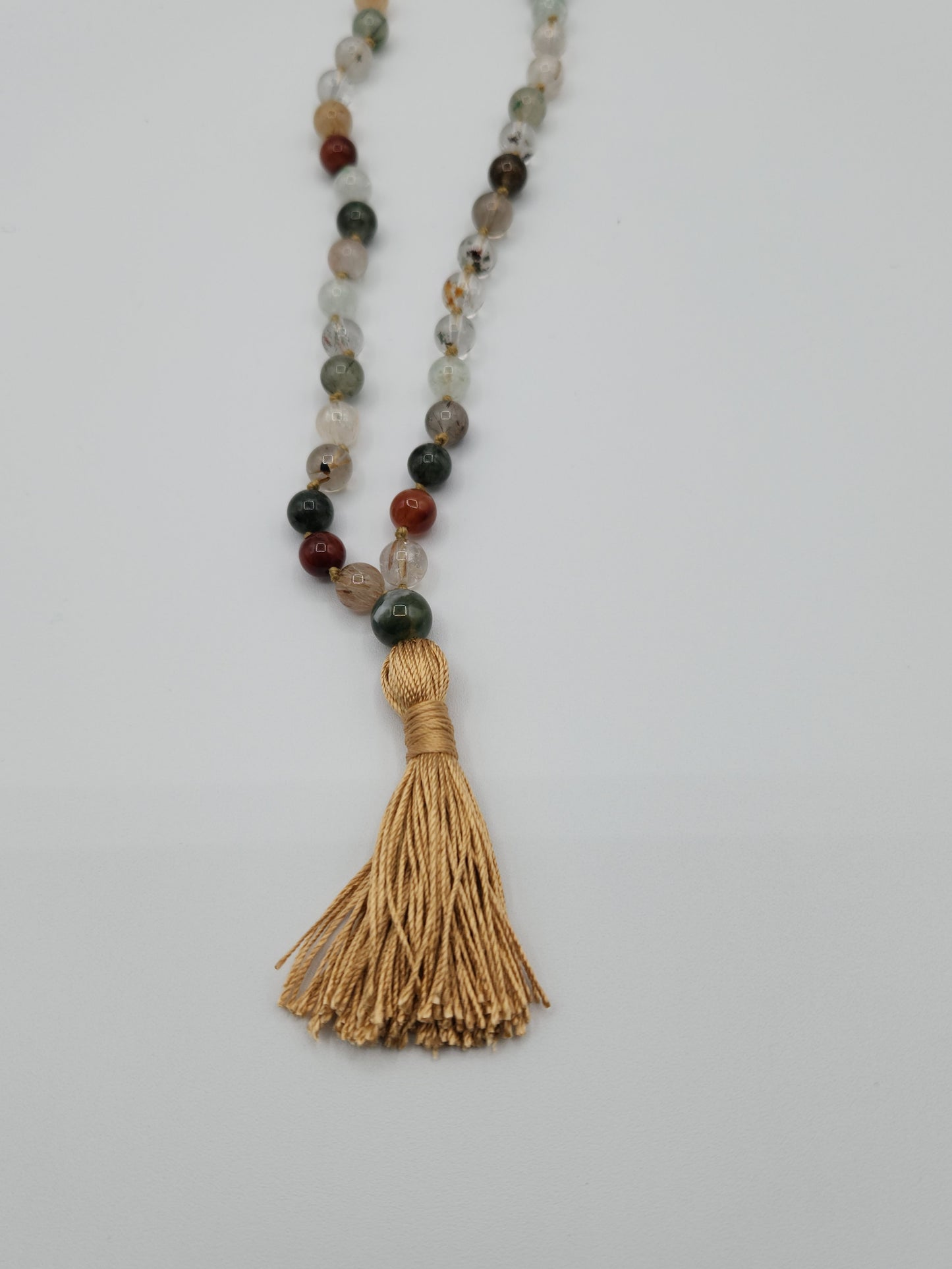 Mala Necklace Phantom Quartz and Rutilated Quartz 8mm