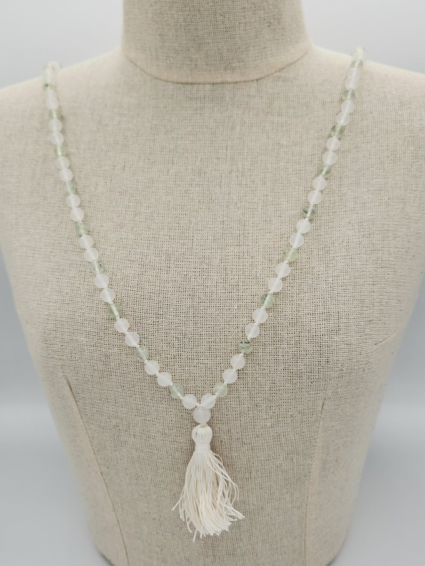 Mala Necklace White Jade and Prehnite 8mm