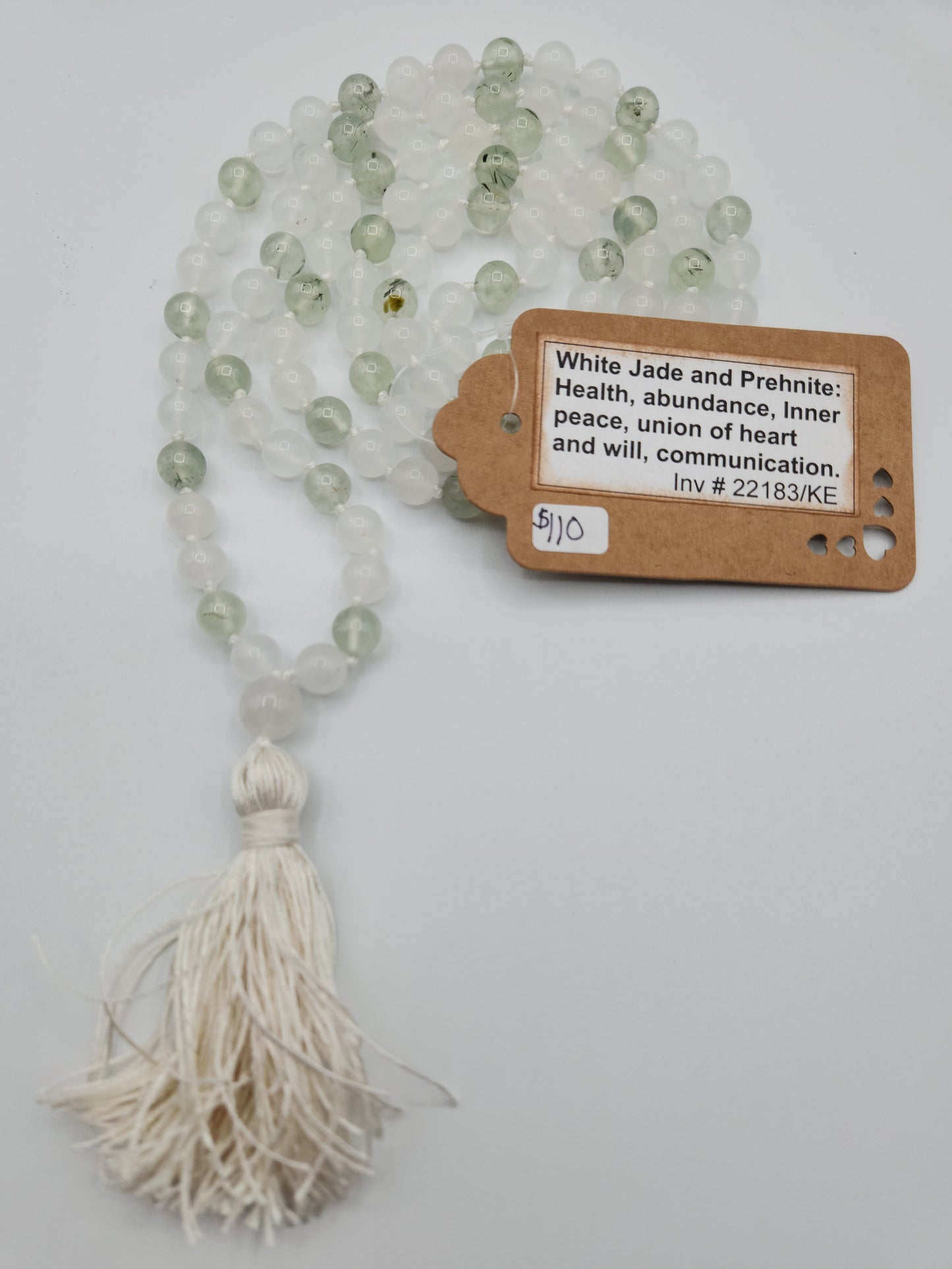 Mala Necklace White Jade and Prehnite 8mm