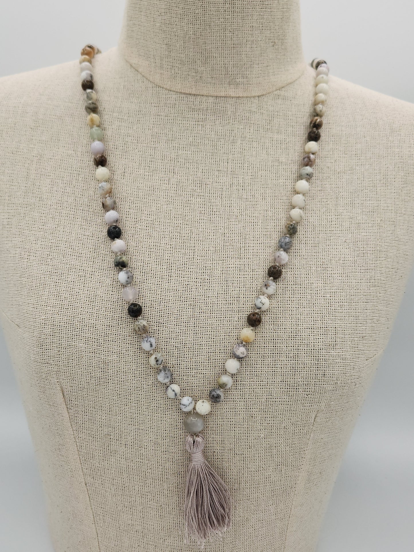 Mala Necklace White Dendritic Opal 8mm