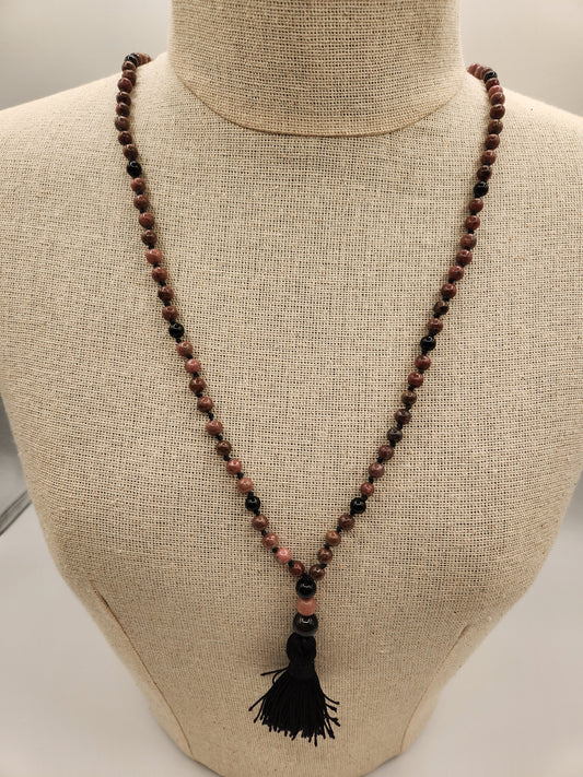Mala Necklace Turquoise Jasper, Grey Bloodstone, Moonstone 6mm