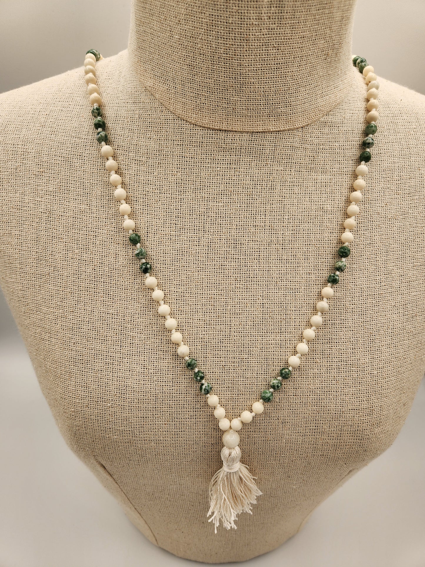 Mala Necklace Ivory Jade, Tree Agate 6mm