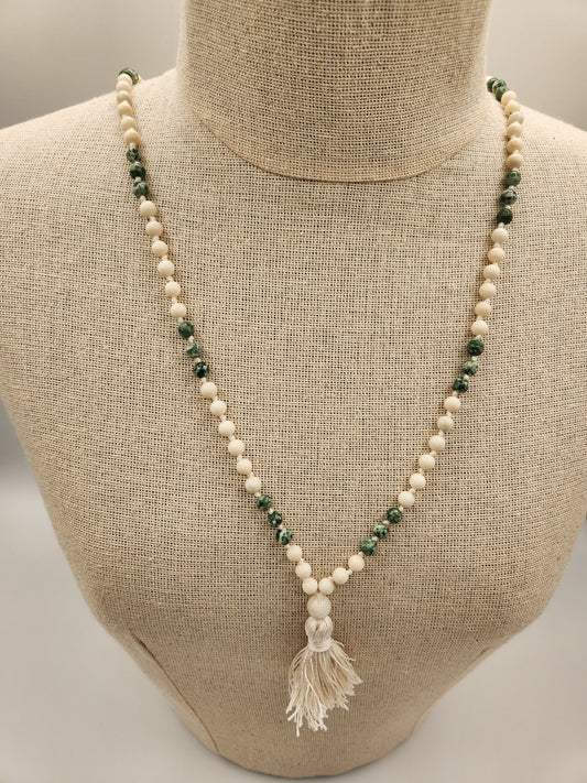 Mala Necklace Ivory Jade, Tree Agate 6mm