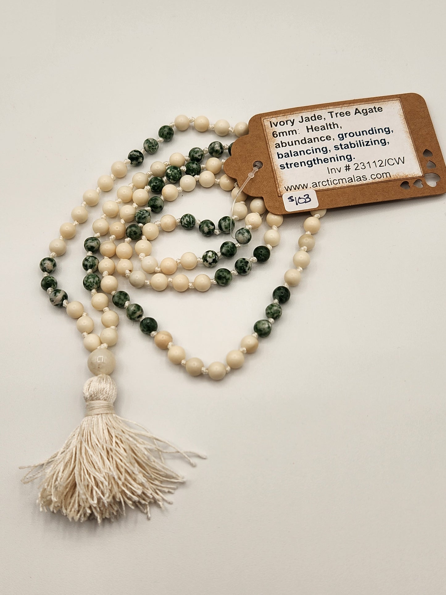 Mala Necklace Ivory Jade, Tree Agate 6mm