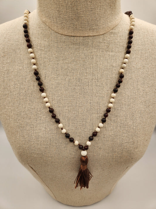 Mala Necklace Brecciated Jasper, Ivory Jade 6mm
