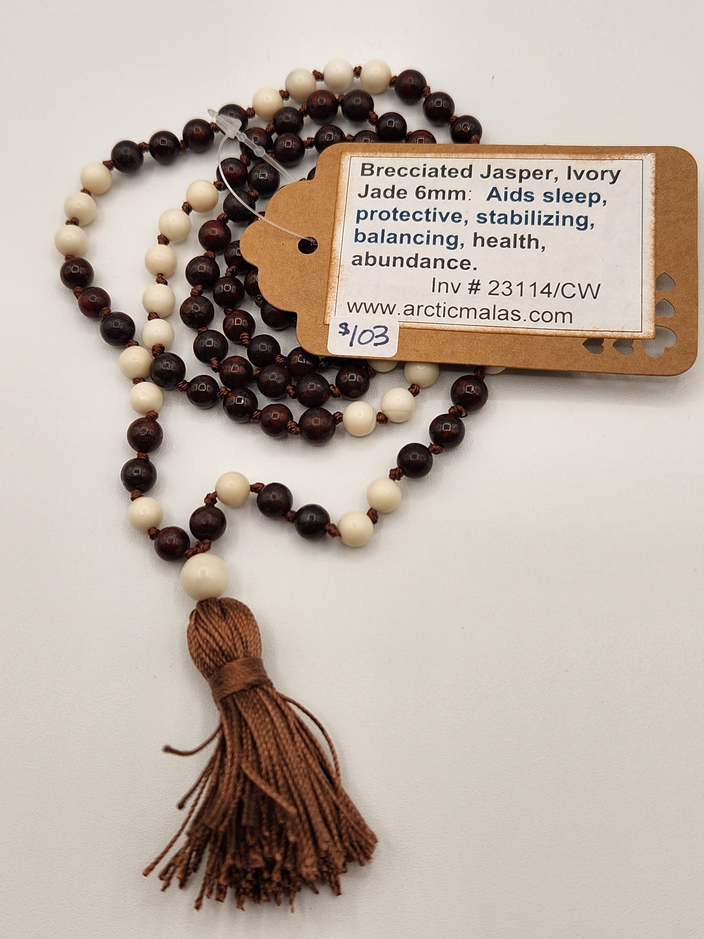 Mala Necklace Brecciated Jasper, Ivory Jade 6mm