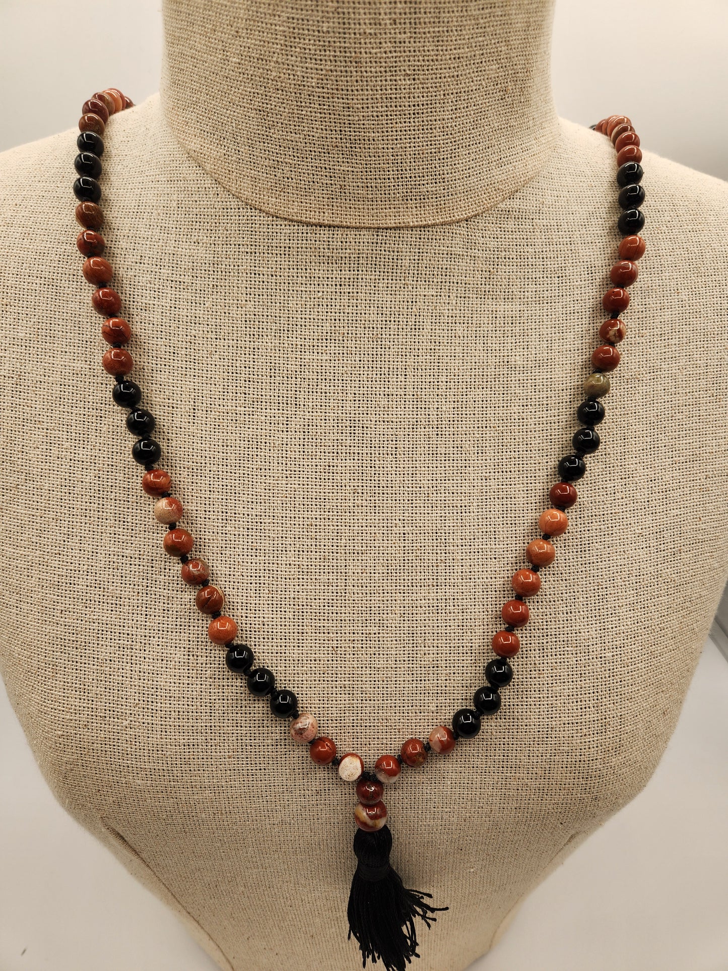 Mala Necklace Grey/Pink Zebra Jasper, White Labradorite 6mm