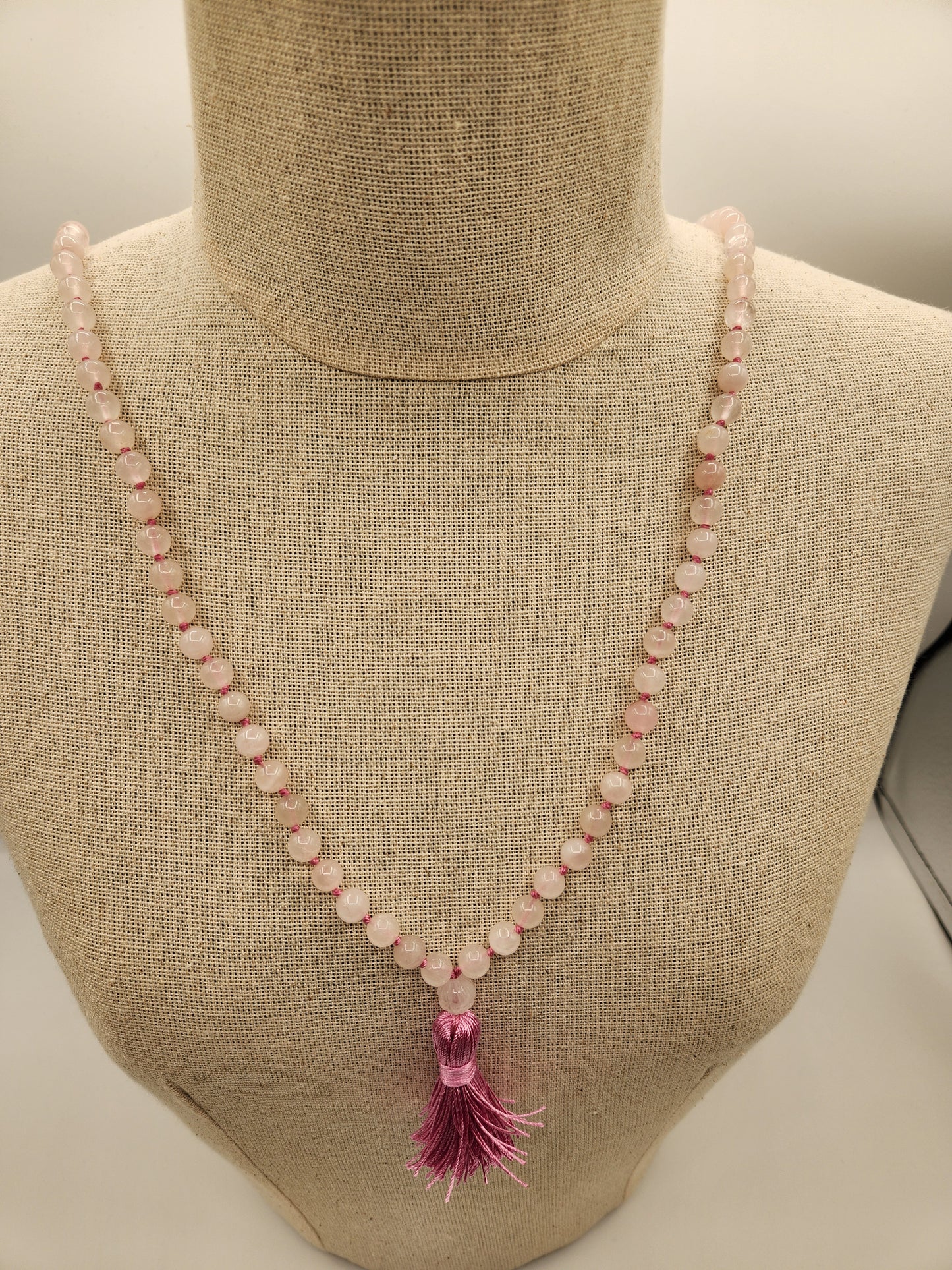 Mala Necklace Rose Quartz with a carved Guru Bead