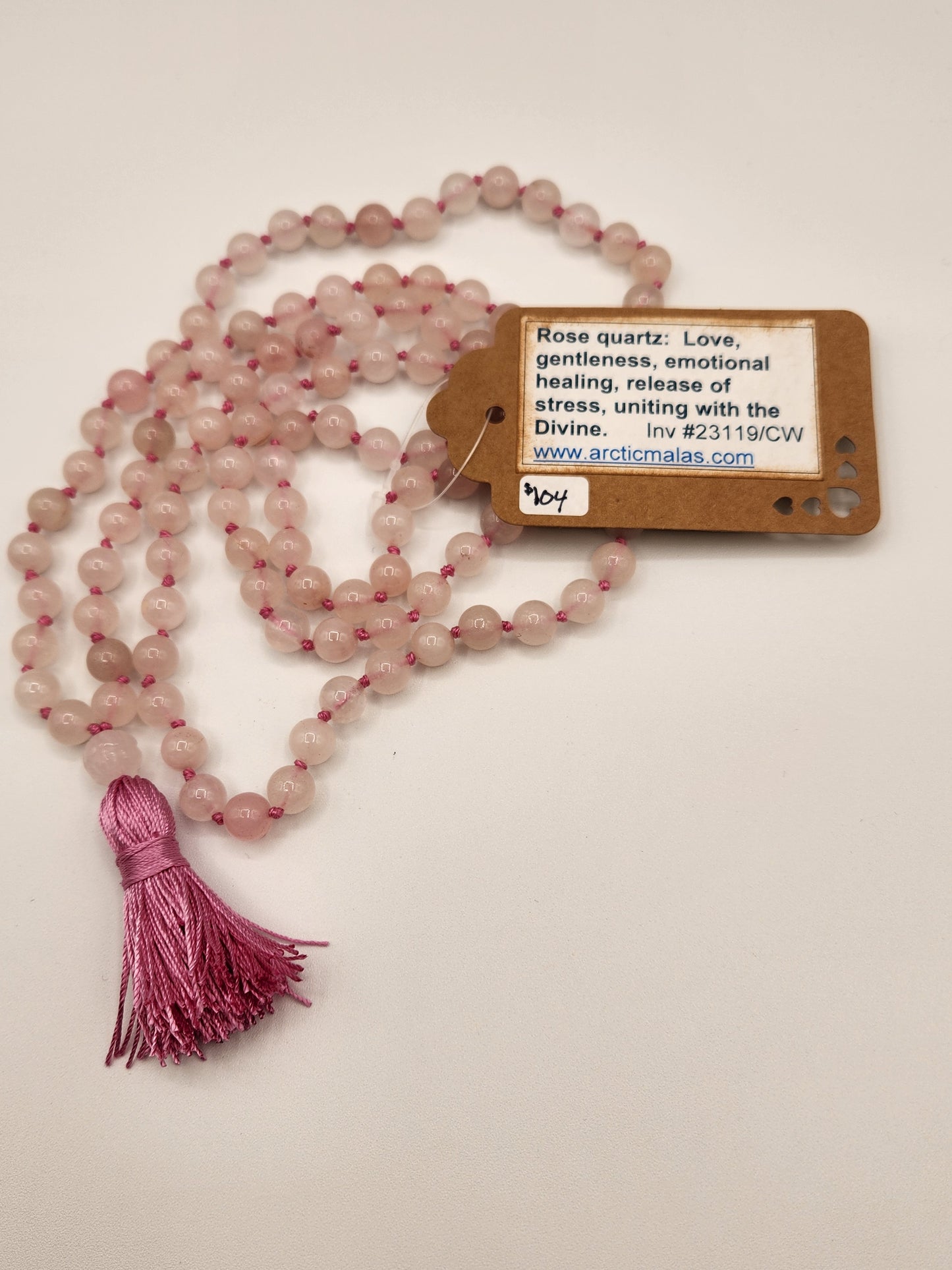 Mala Necklace Rose Quartz with a carved Guru Bead