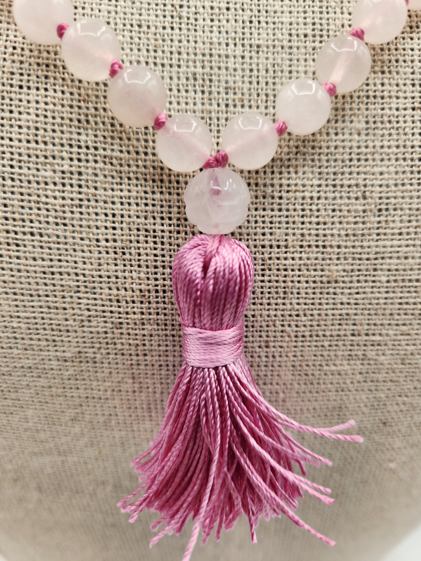Mala Necklace Rose Quartz with a carved Guru Bead