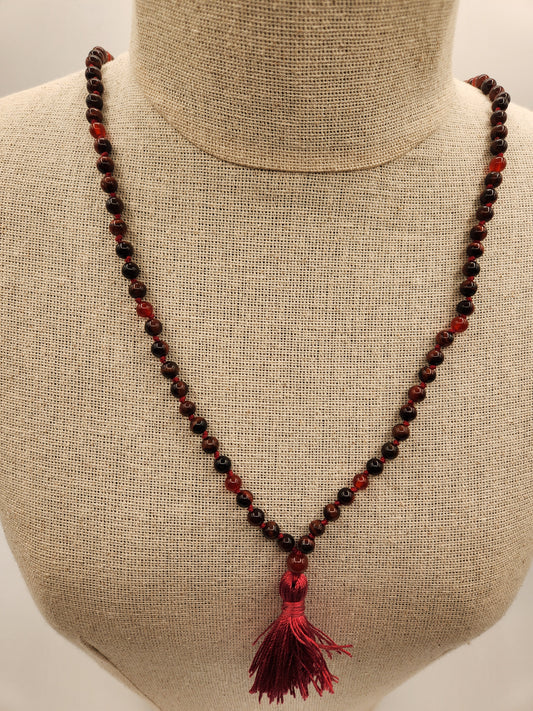 Mala Necklace Red Tiger Eye, Carnelian 6mm