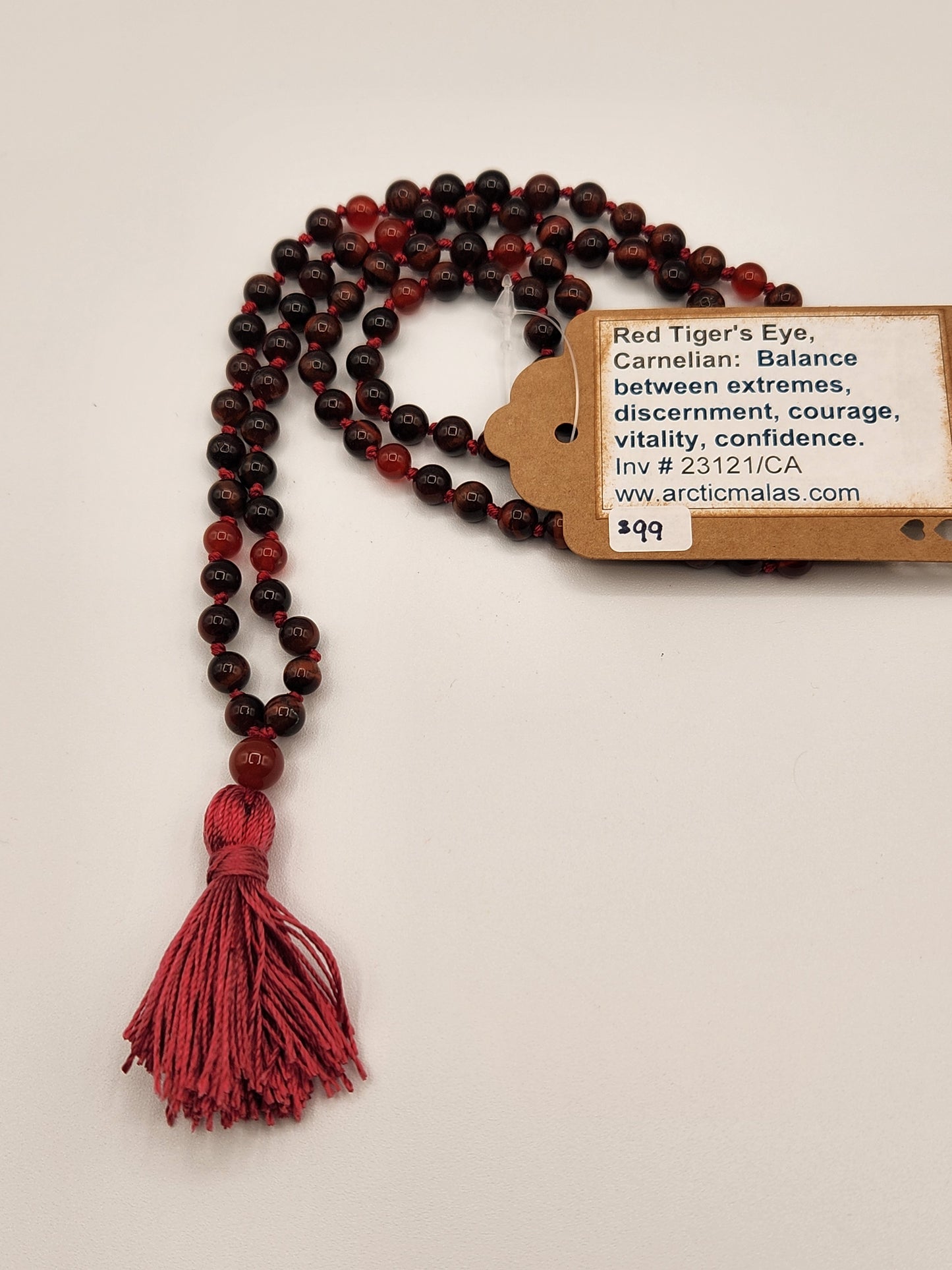 Mala Necklace Red Tiger Eye, Carnelian 6mm