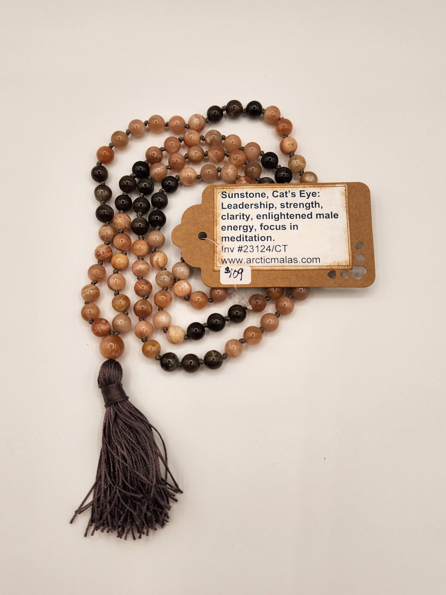 Mala Necklace Sunstone, Cat's Eye