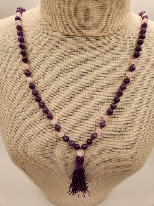 Mala Necklace Agate and Rose Quartz with Carved Quartz Guru Bead