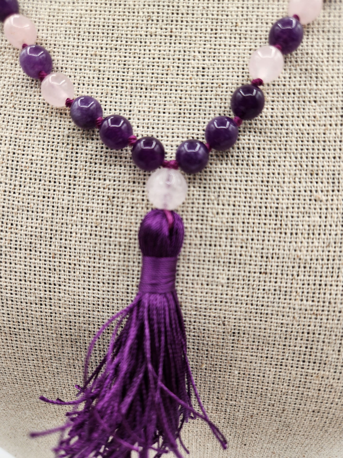 Mala Necklace Agate and Rose Quartz with Carved Quartz Guru Bead