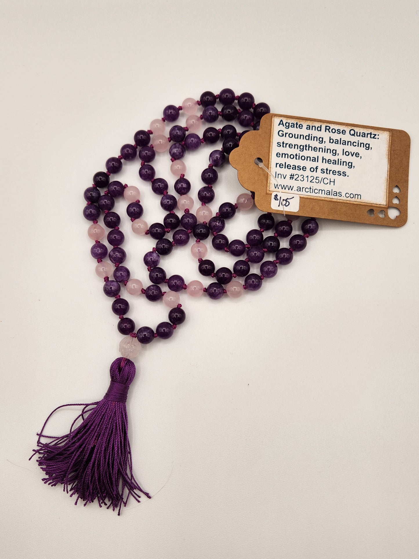 Mala Necklace Agate and Rose Quartz with Carved Quartz Guru Bead