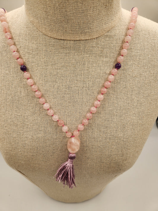 Mala Necklace Rose Quartz, Purple Agate