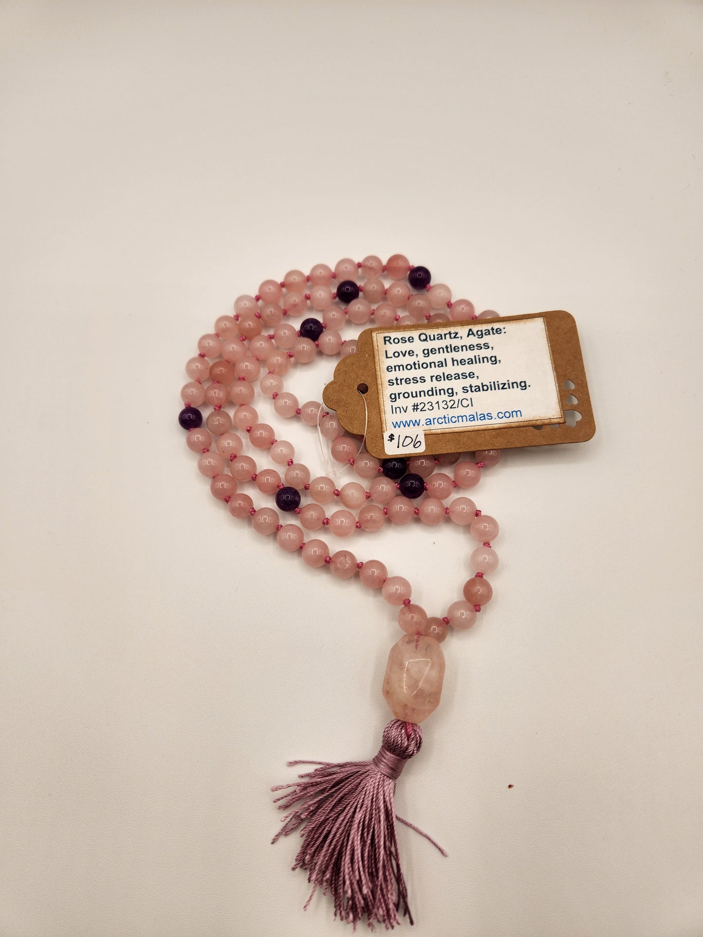 Mala Necklace Rose Quartz, Purple Agate