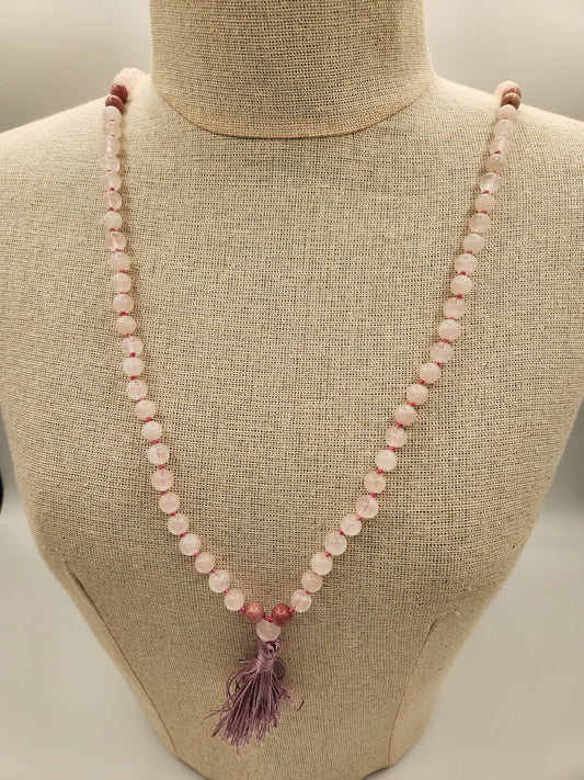 Mala Necklace Rose Quartz, Rhodonite with Carved Rose Quartz Guru Bead