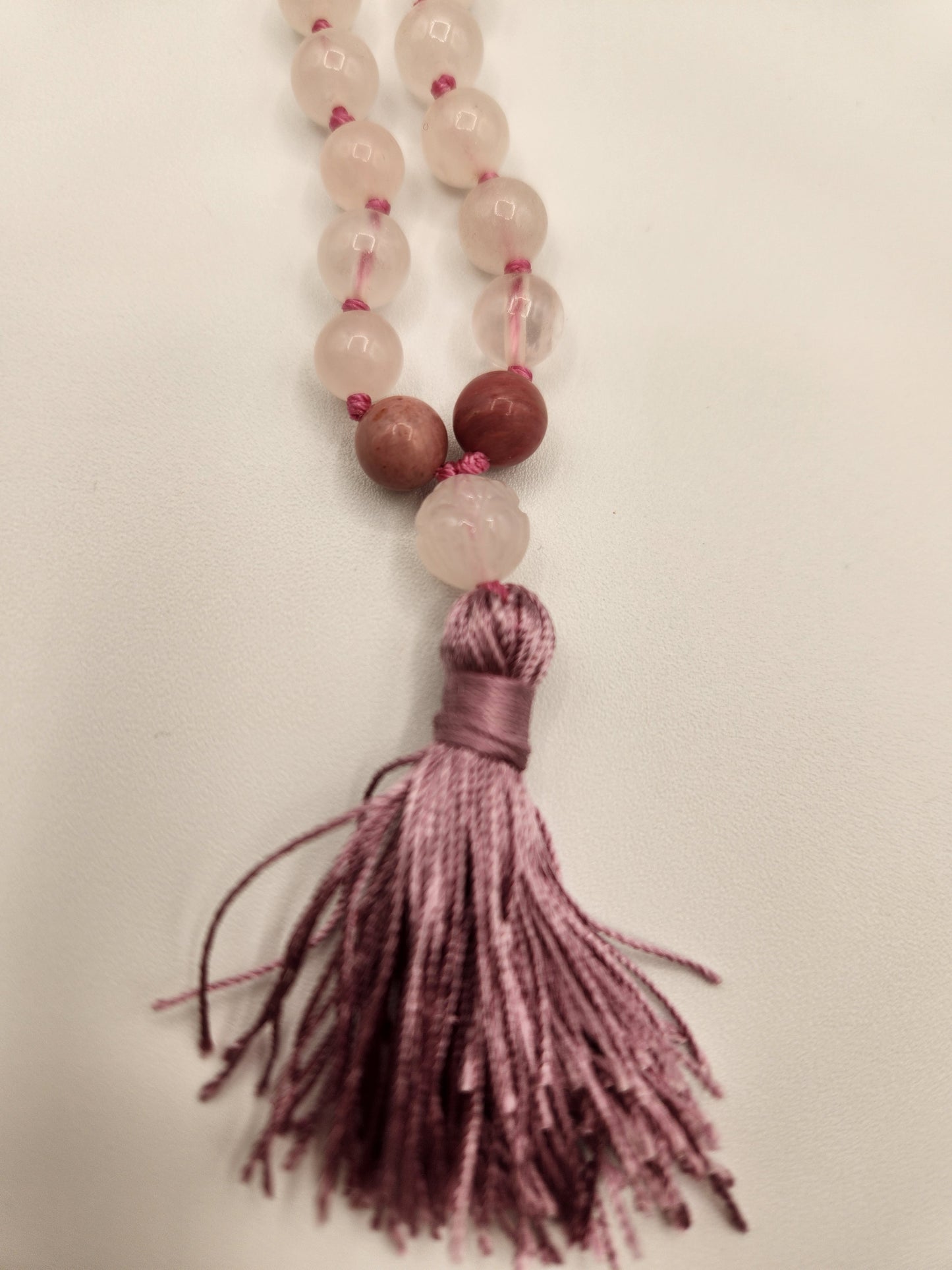 Mala Necklace Rose Quartz, Rhodonite with Carved Rose Quartz Guru Bead
