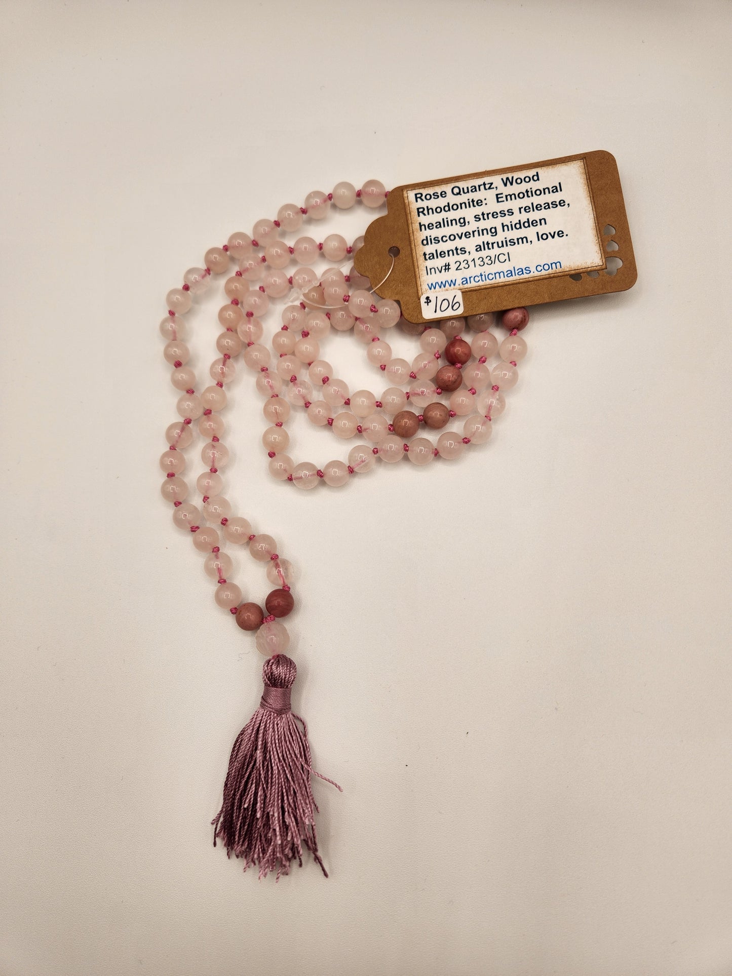 Mala Necklace Rose Quartz, Rhodonite with Carved Rose Quartz Guru Bead