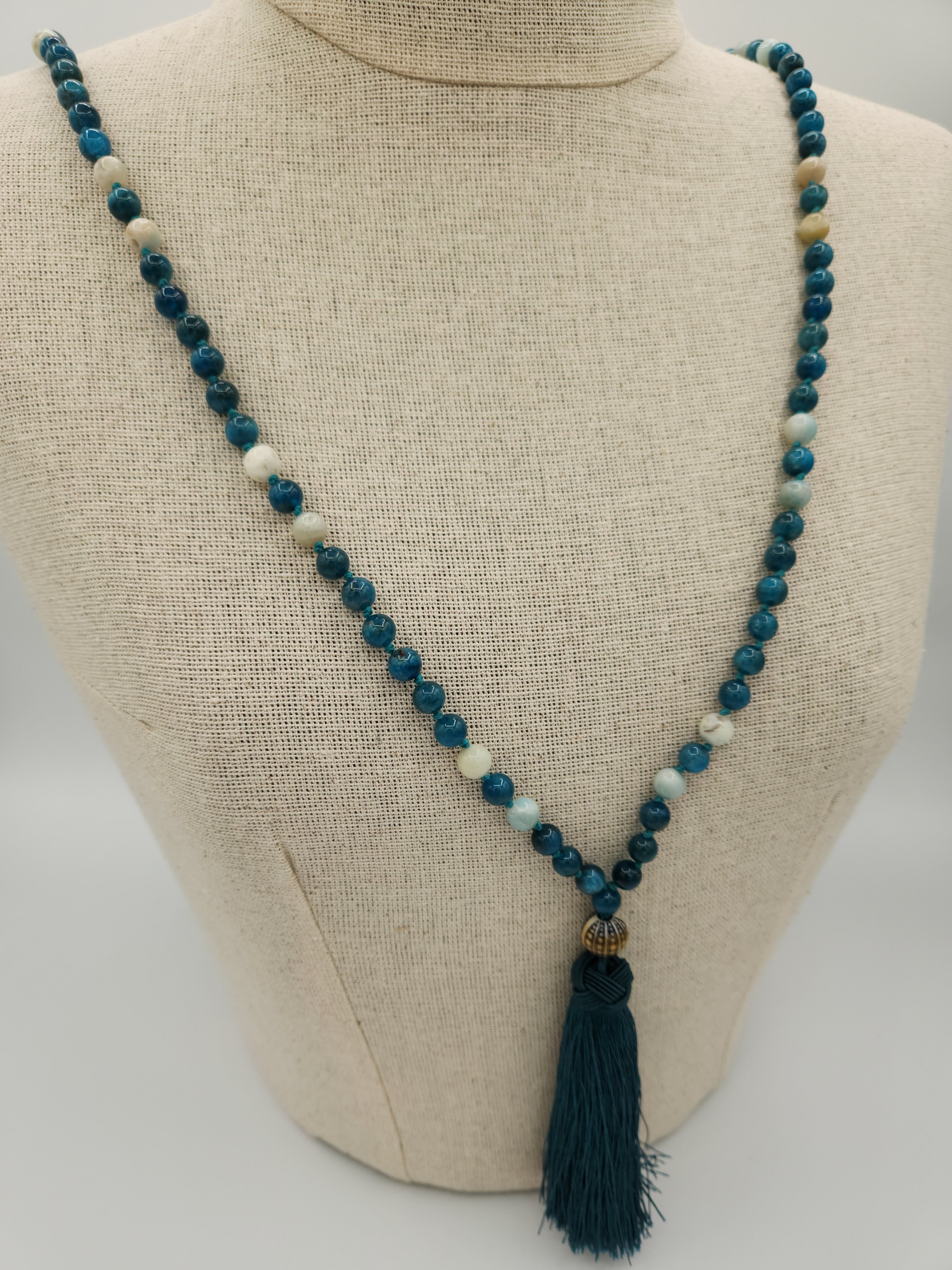 Mala Necklace (Apatite, Amazonite) 8mm with Mirage Guru Bead and Tassel ...