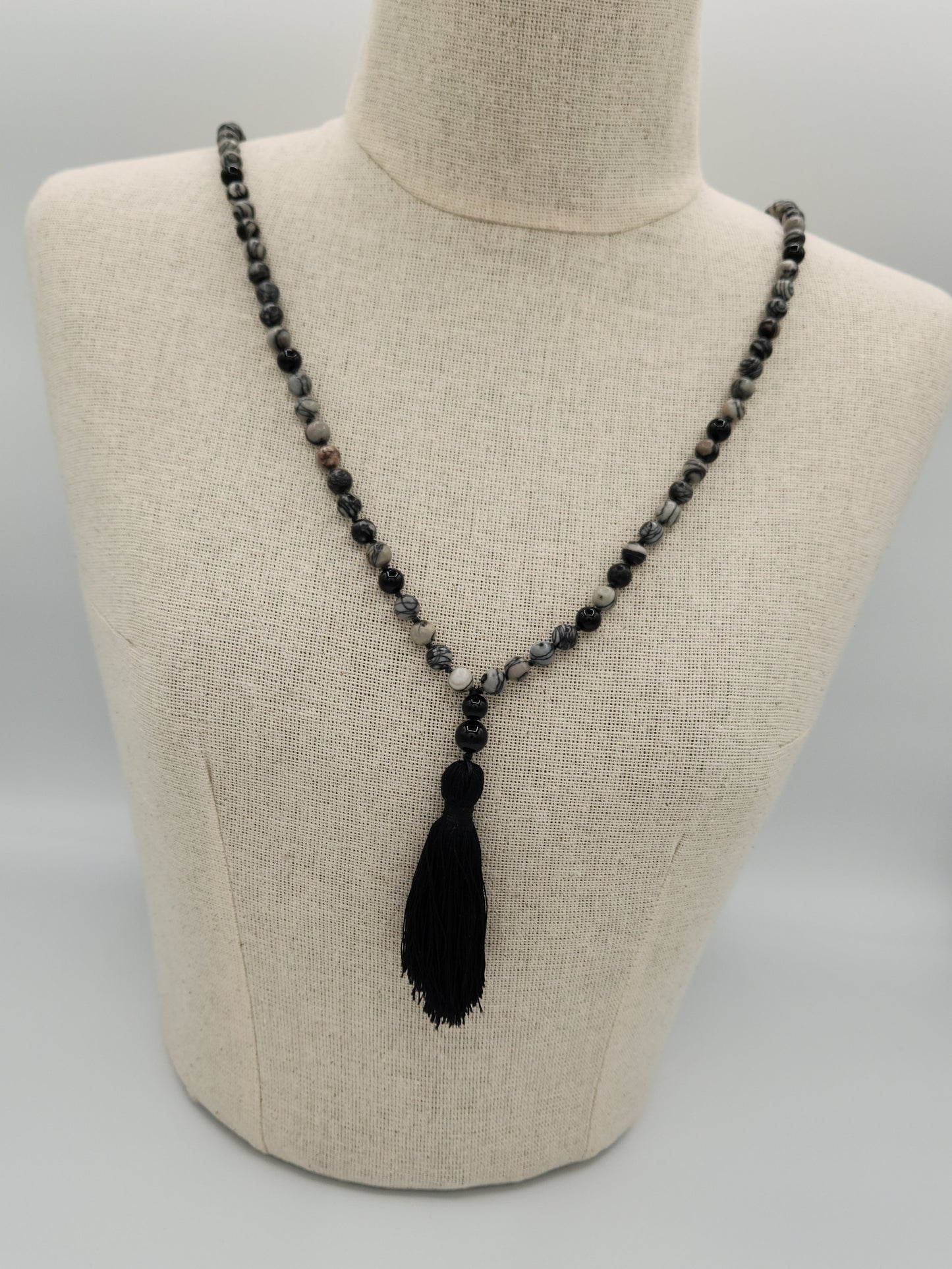 Mala Necklace Black Picasso Jasper and Black Tourmaline 8mm