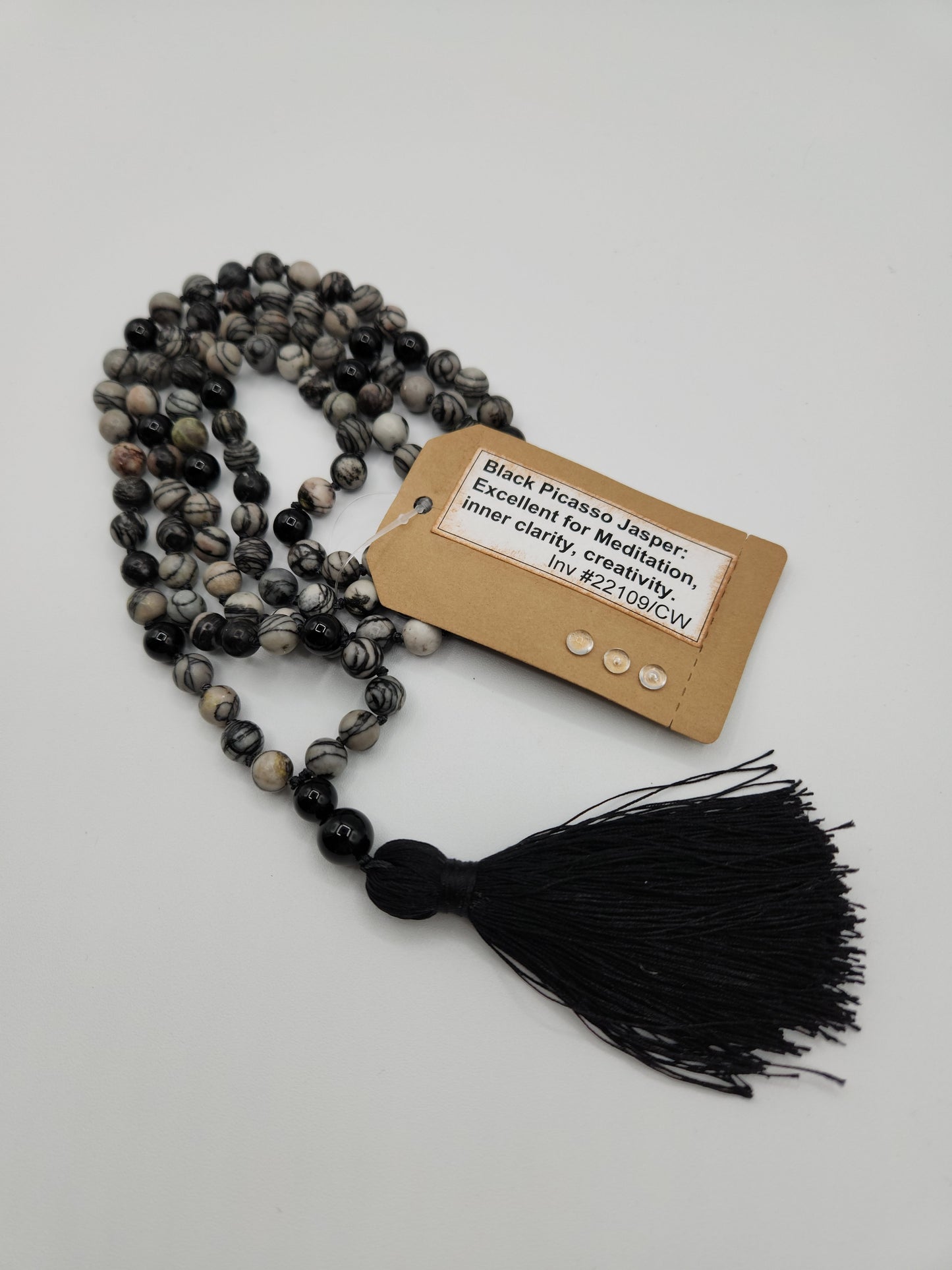 Mala Necklace Black Picasso Jasper and Black Tourmaline 8mm