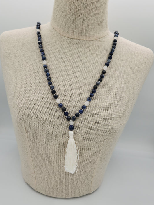 Mala Necklace Dumortierite and White Jade (faceted) 8mm