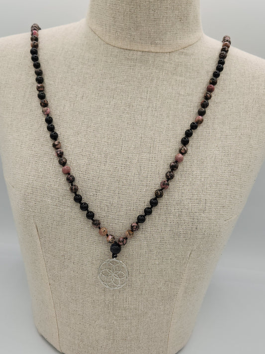 Mala Necklace Rhodonite and Black Tourmaline 8mm