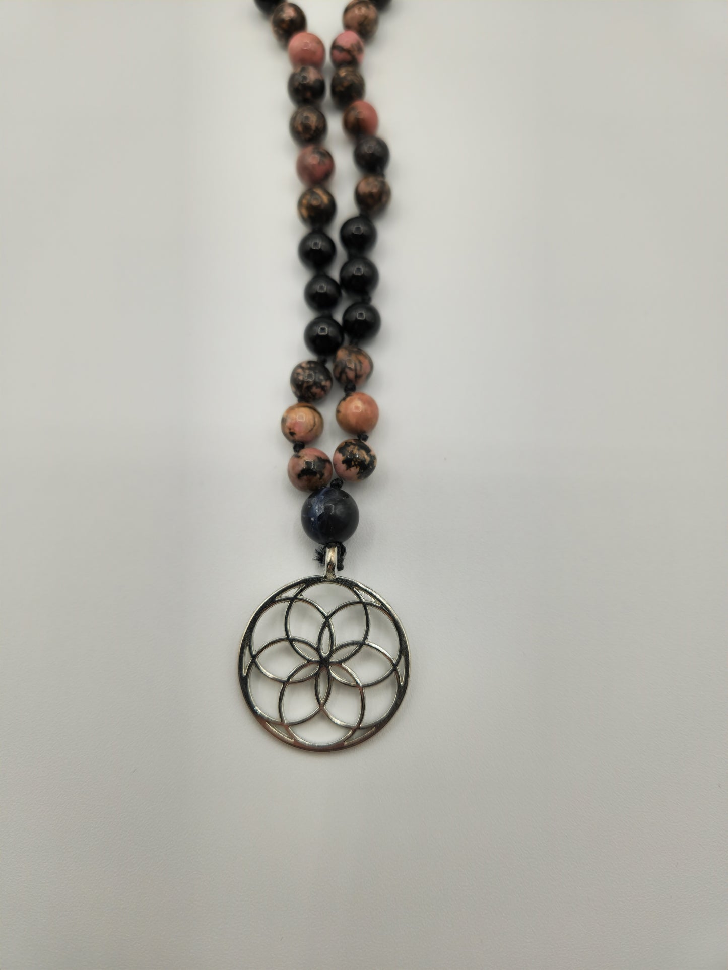 Mala Necklace Rhodonite and Black Tourmaline 8mm