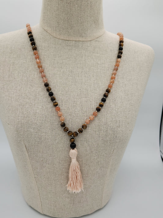 Mala Necklace Sunstone and Tiger's Eye 8mm