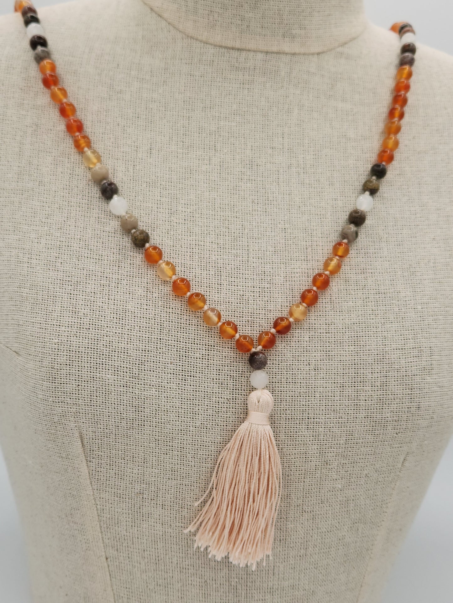 Mala Necklace Carnelian, Artistic Jasper, and White Jade 8mm