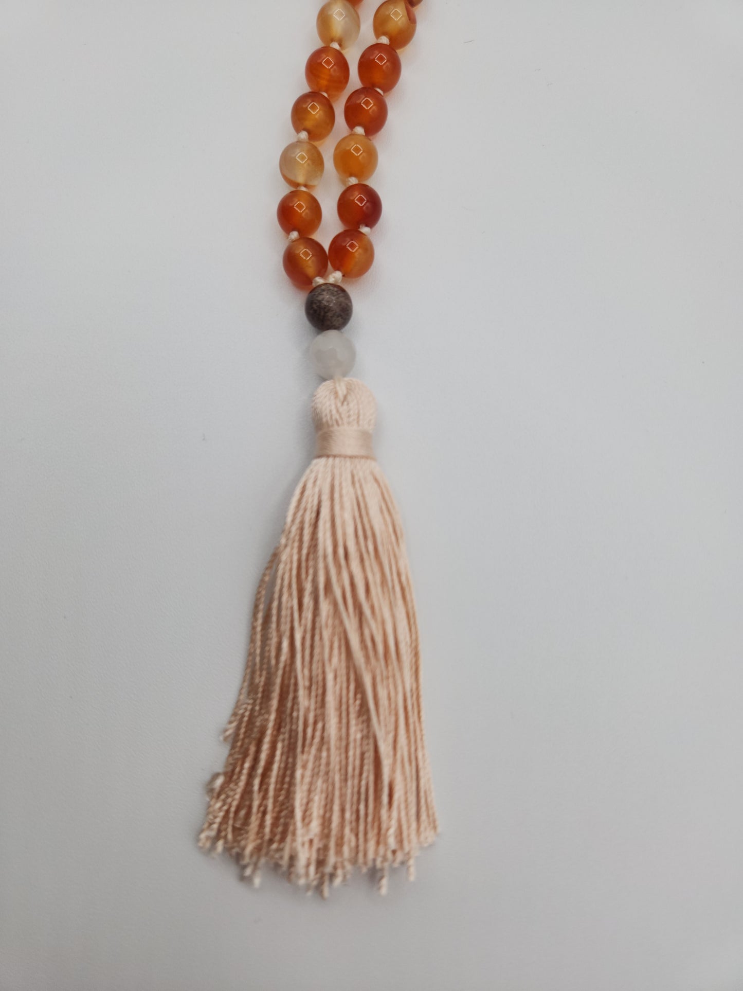 Mala Necklace Carnelian, Artistic Jasper, and White Jade 8mm