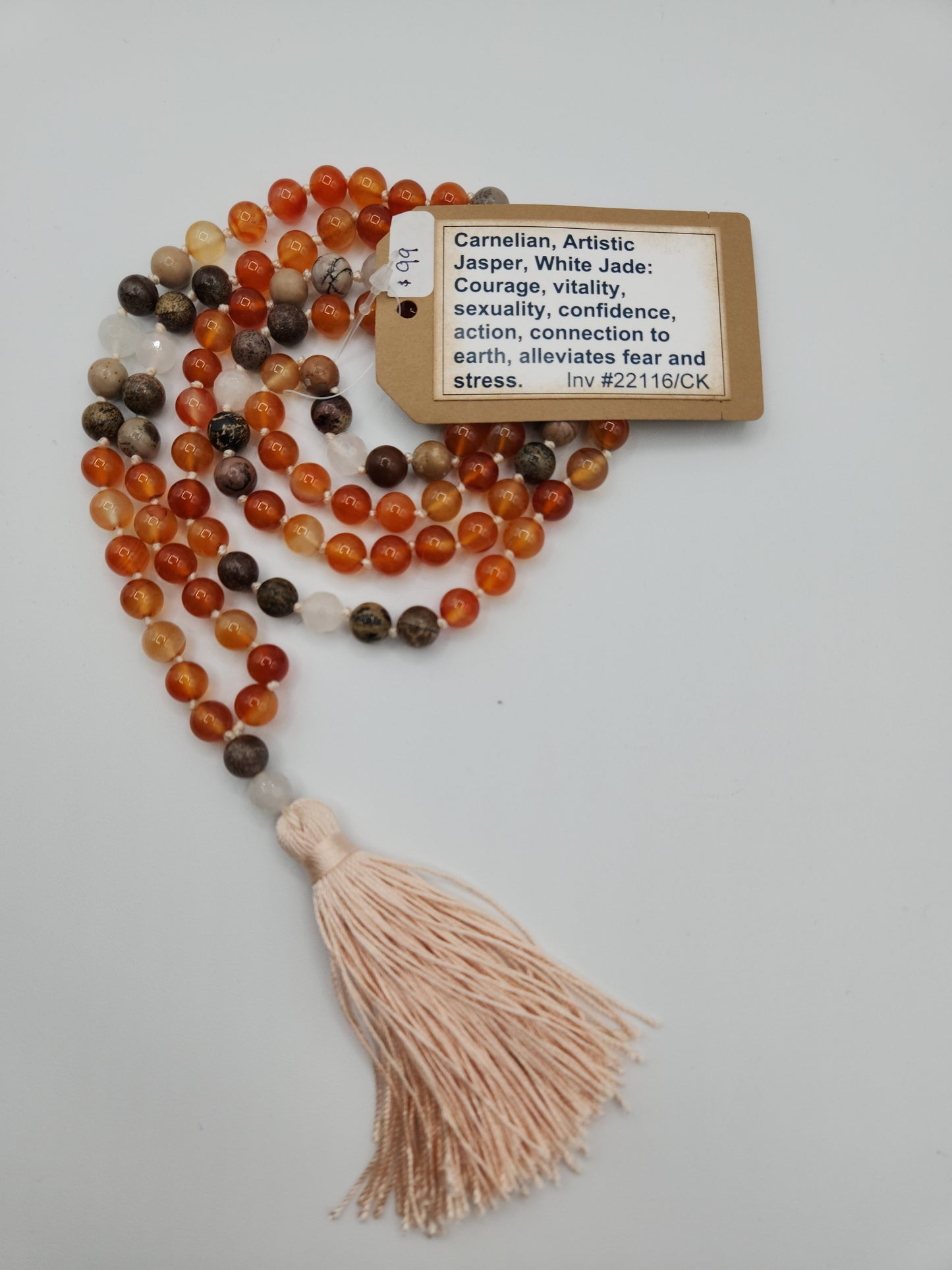 Mala Necklace Carnelian, Artistic Jasper, and White Jade 8mm