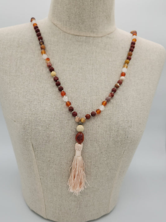 Mala Necklace Mookaite, Carnelian, and White Jade 8mm